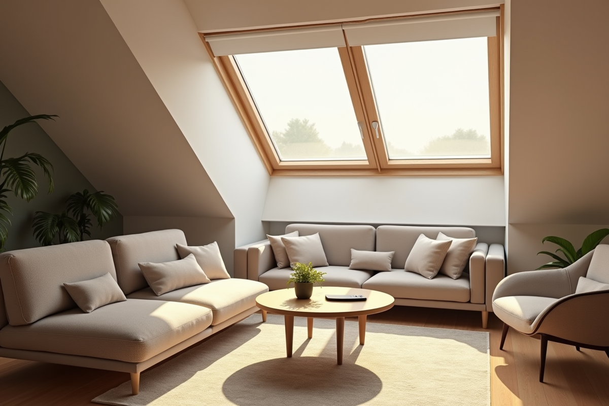 Salon moderne avec Velux électrique et lumière naturelle