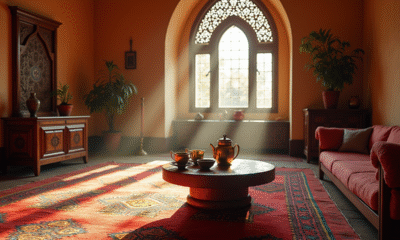 Salon marocain avec tapis berbere coloré et thé