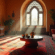 Salon marocain avec tapis berbere coloré et thé