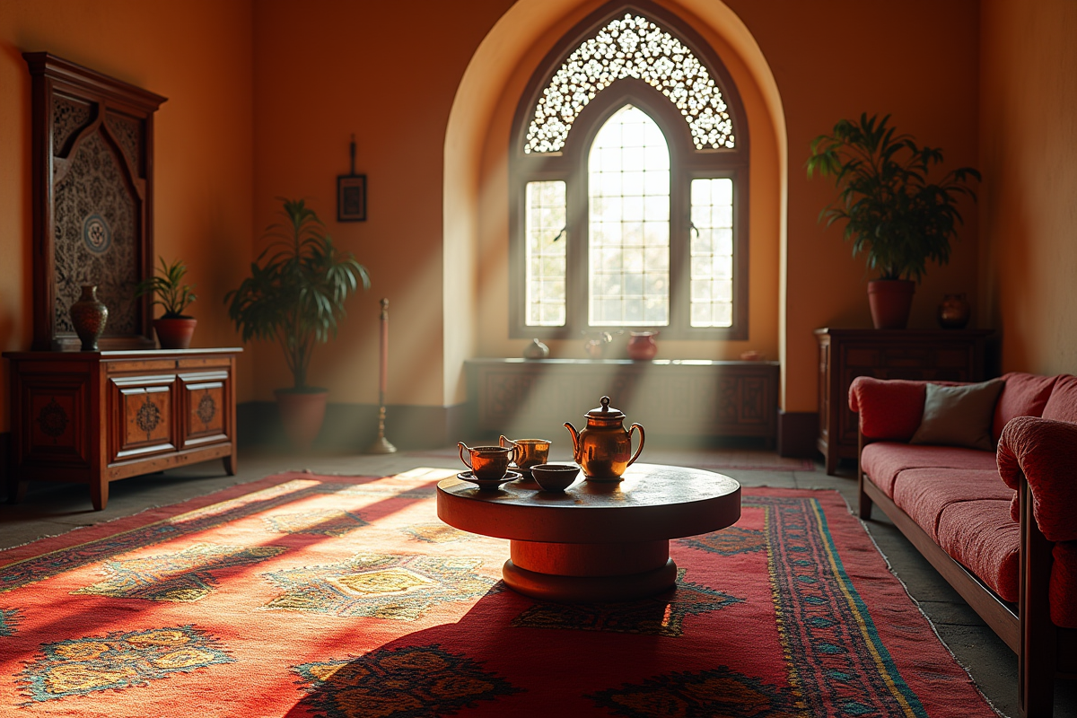 Salon marocain avec tapis berbere coloré et thé