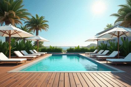 Terrasse en bois moderne avec piscine turquoise et parasols blancs