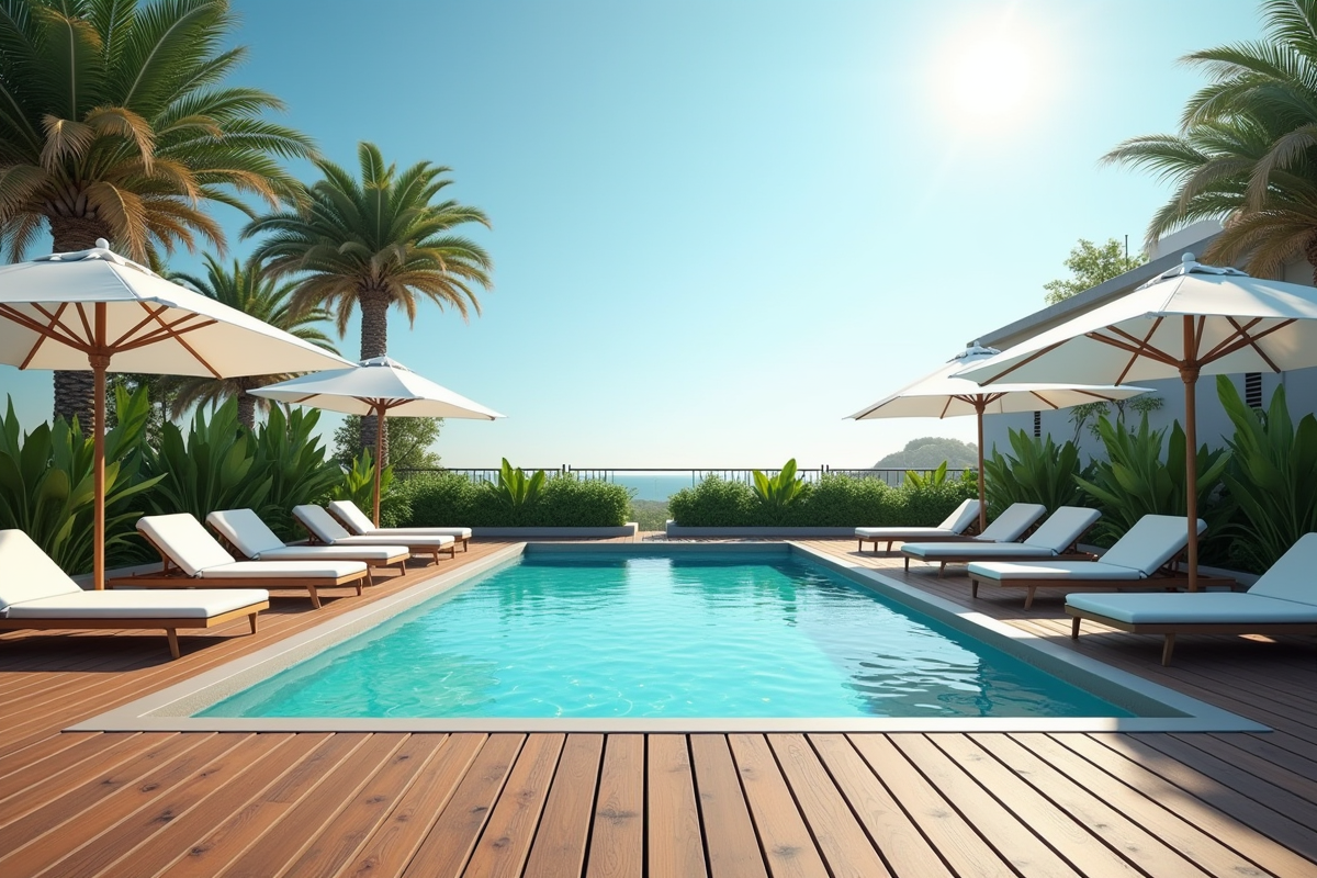 Terrasse en bois moderne avec piscine turquoise et parasols blancs