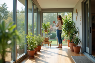 Femme dans la veranda lumineuse arrangeant des plantes
