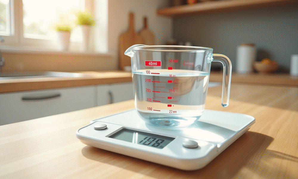Verre mesure eau de 400 ml sur plan de travail lumineux