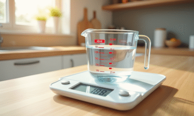 Verre mesure eau de 400 ml sur plan de travail lumineux