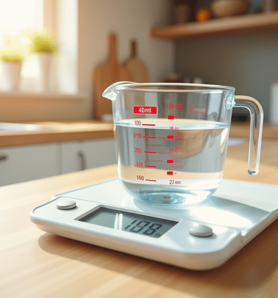 Verre mesure eau de 400 ml sur plan de travail lumineux