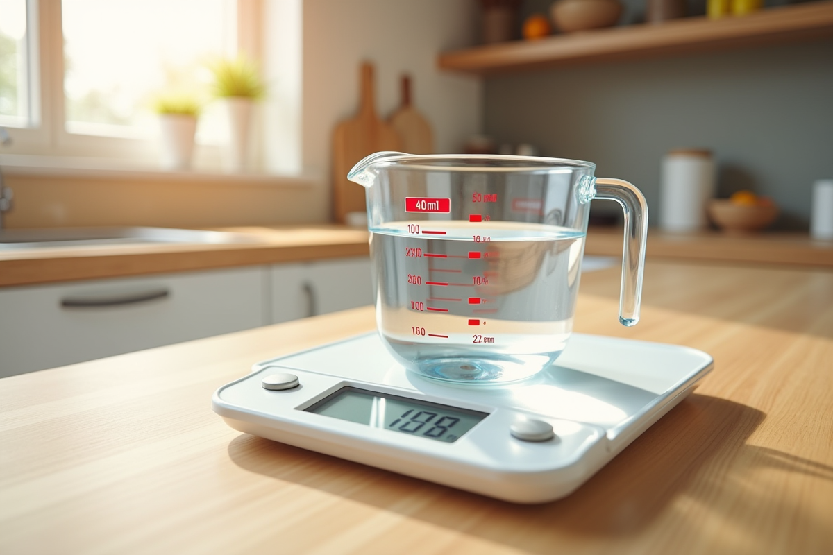Verre mesure eau de 400 ml sur plan de travail lumineux