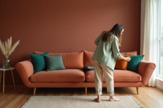 Femme stylée arrangeant coussins dans un salon tendance