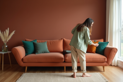 Femme stylée arrangeant coussins dans un salon tendance